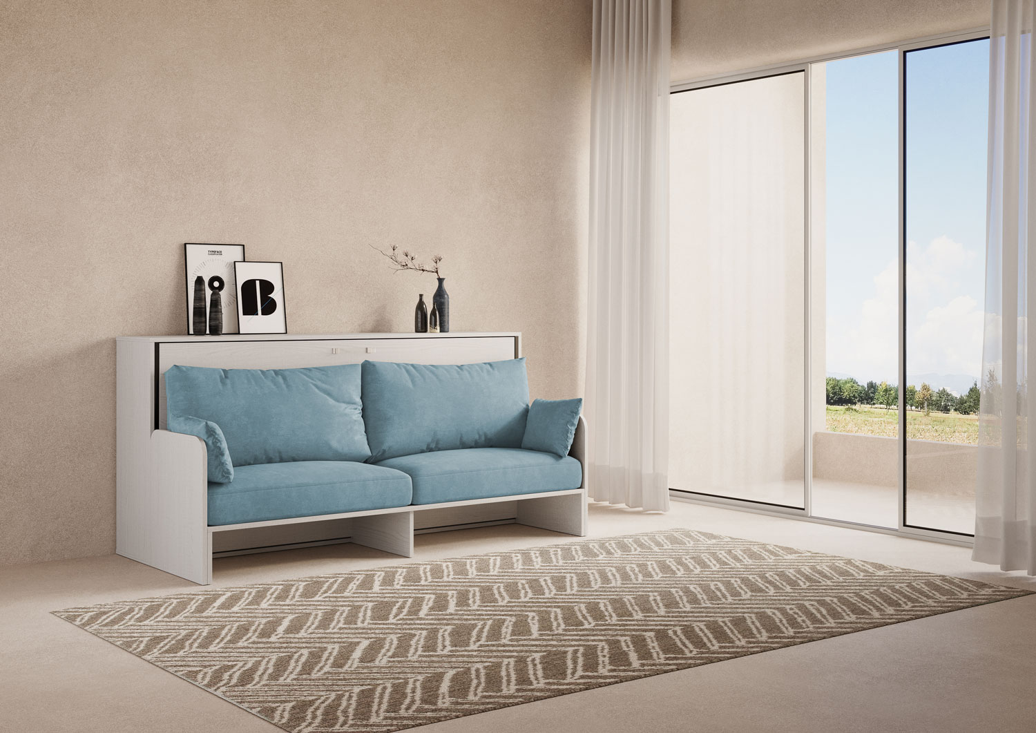 Letto singolo a scomparsa Kando con divano bianco frassino, azzurro L.199,9 P.103,2 H.97,4 cm (aperto P.106 cm) 1 Letto singolo a scomparsa Kando con divano bianco frassino, azzurro