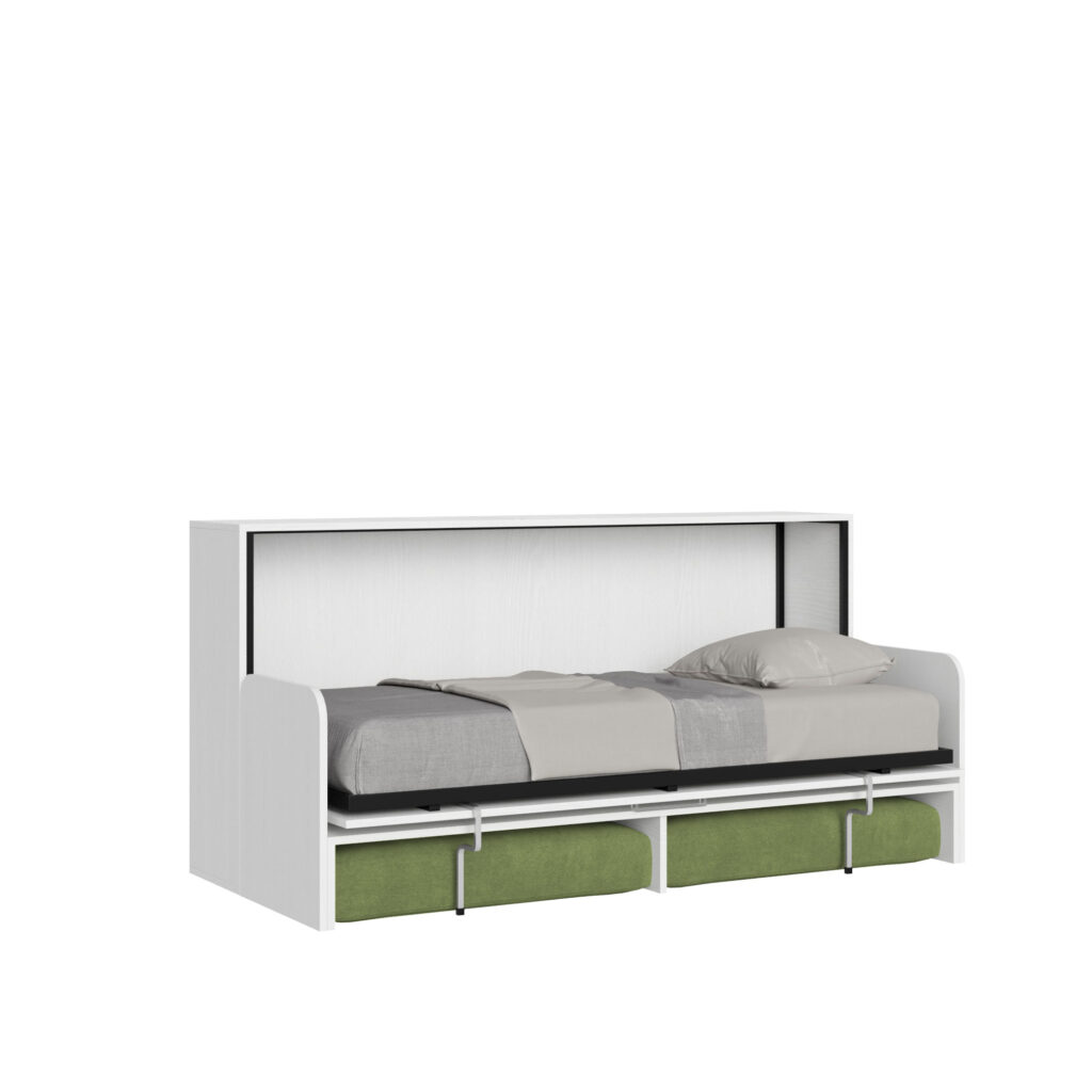 Letto singolo a scomparsa Kando con divano bianco frassino, verde