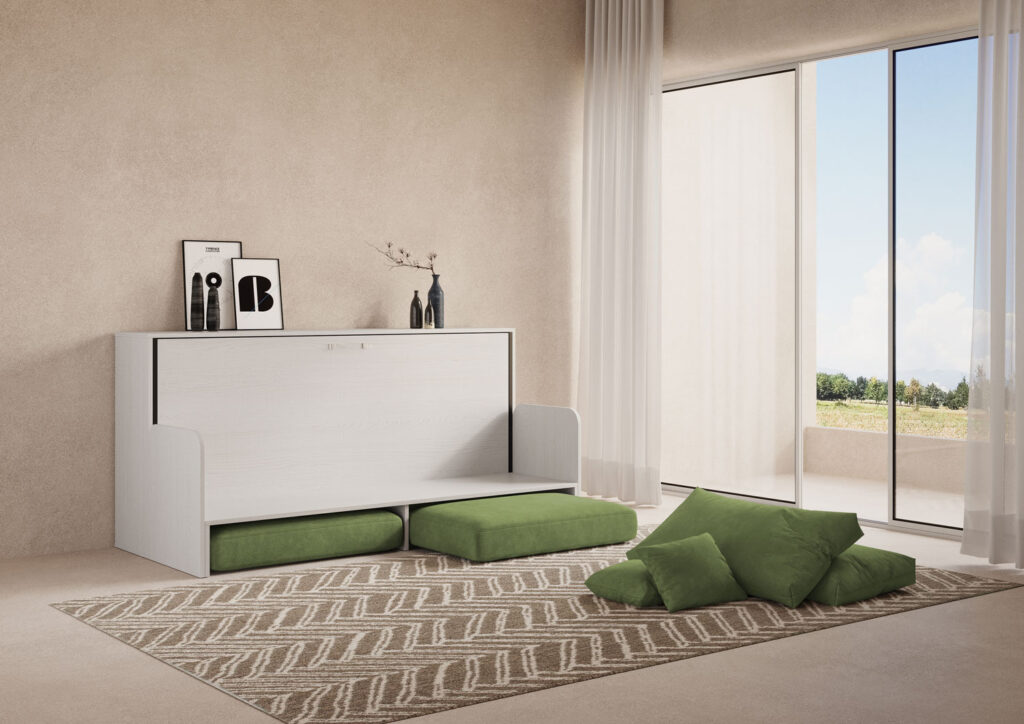 Letto singolo a scomparsa Kando con divano bianco frassino, verde