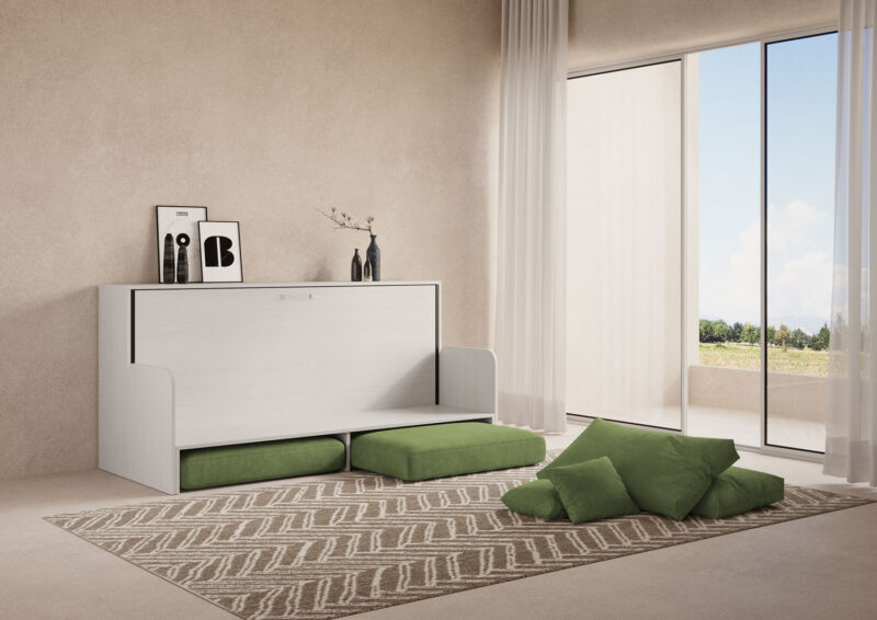 Letto singolo a scomparsa Kando con divano bianco frassino, verde