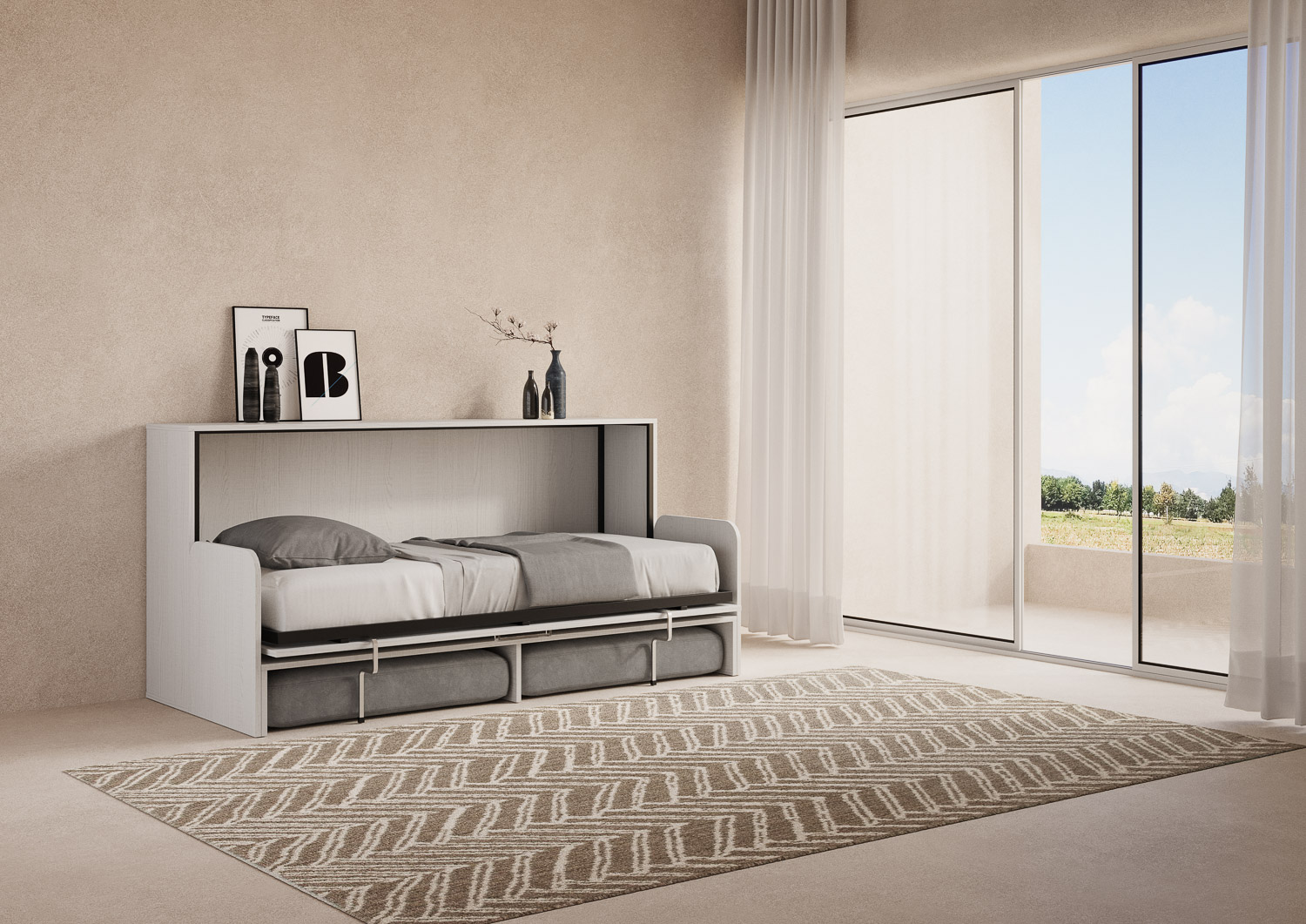 Letto singolo a scomparsa Kando con divano bianco frassino, grigio L.199,9 P.103,2 H.97,4 cm (aperto P.106 cm) 2 Letto singolo a scomparsa Kando con divano bianco frassino, grigio