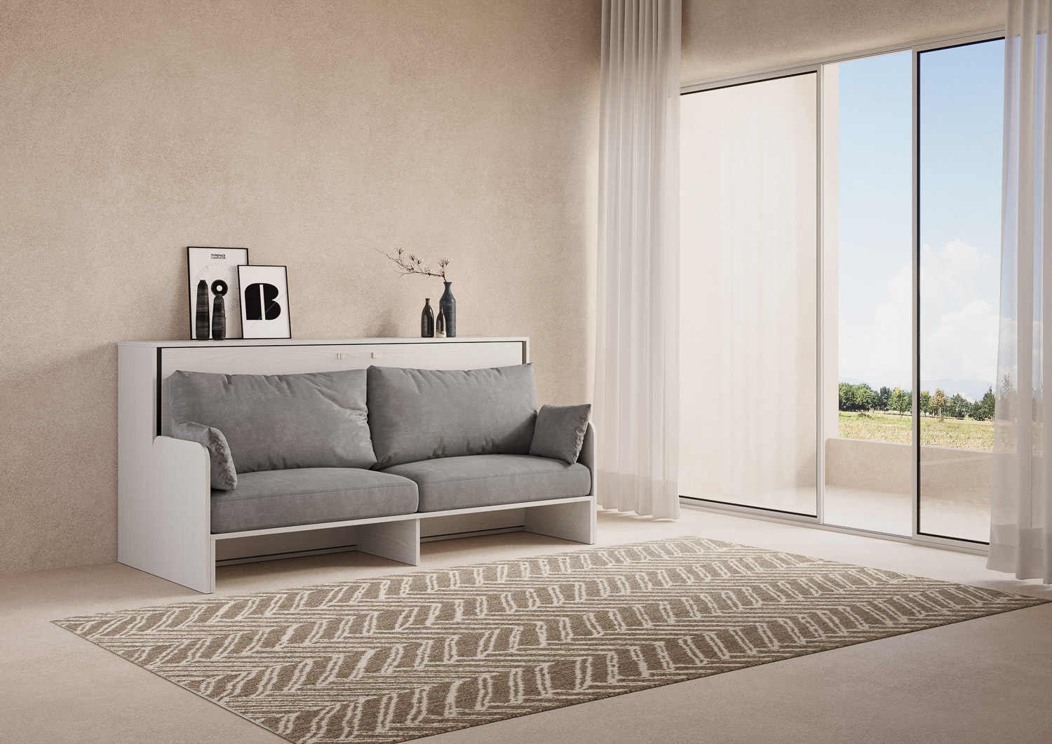 Letto singolo a scomparsa Kando con divano bianco frassino, grigio L.199,9 P.103,2 H.97,4 cm (aperto P.106 cm) 1 Letto singolo a scomparsa Kando con divano bianco frassino, grigio