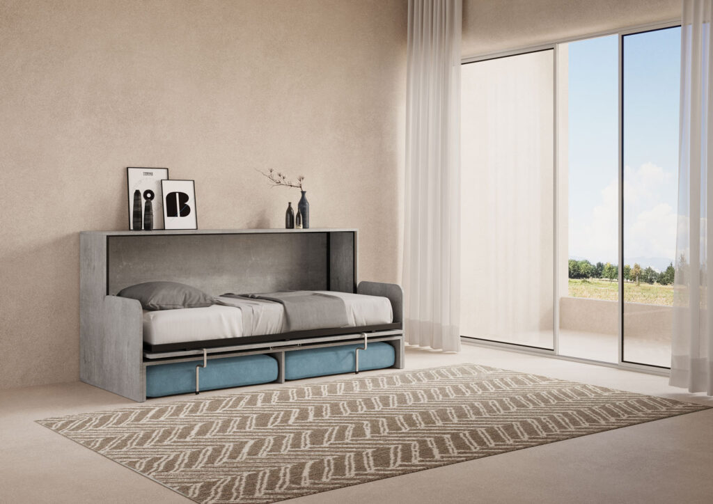 Letto singolo a scomparsa Kando con divano cemento, azzurro