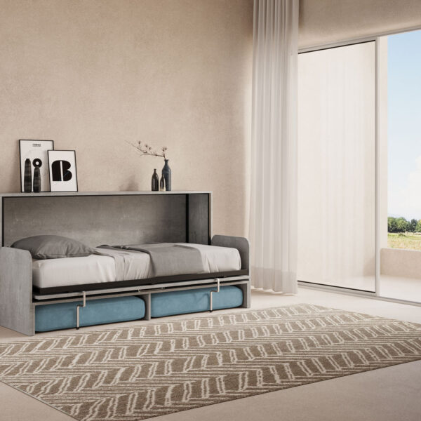 Letto singolo a scomparsa Kando con divano cemento, azzurro