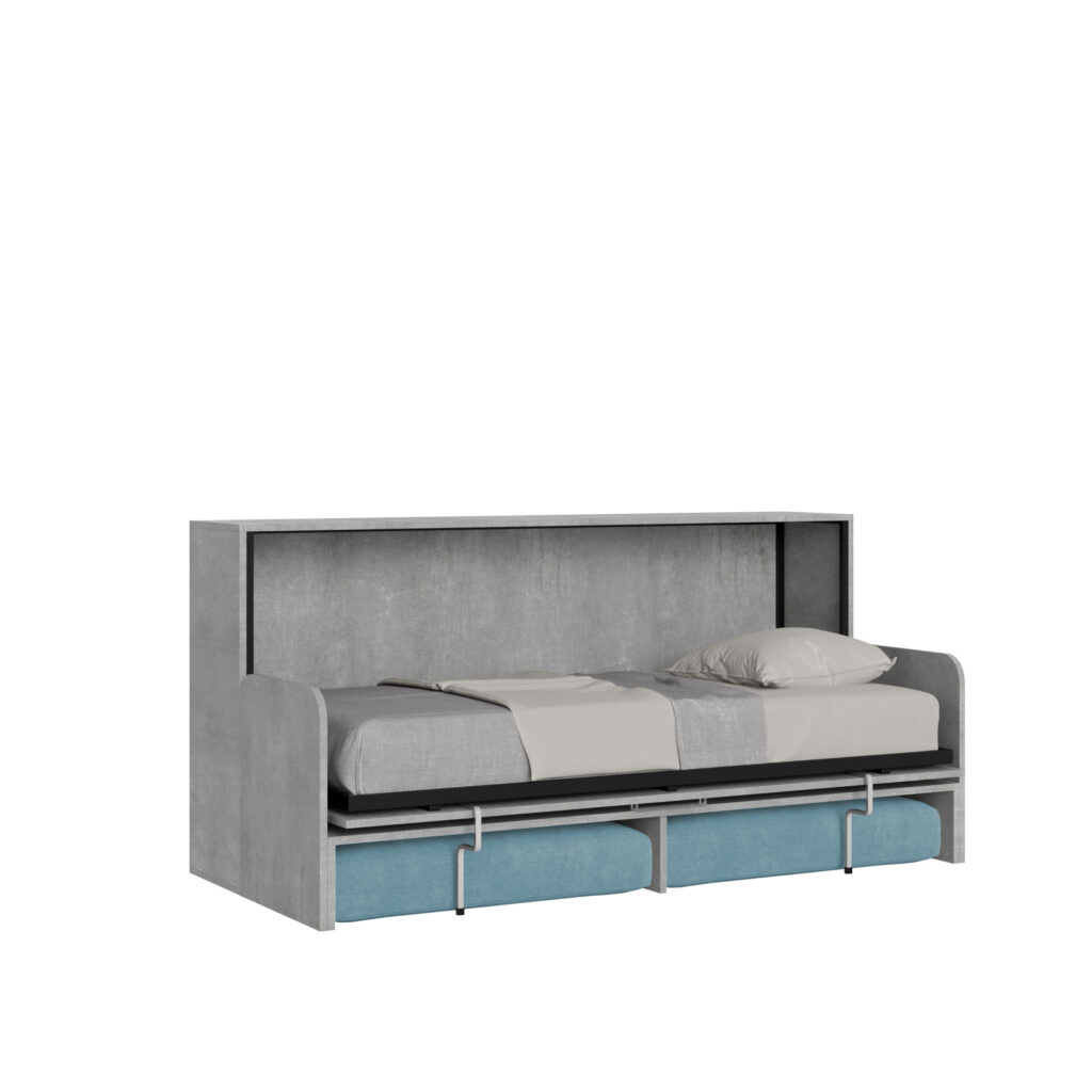 Letto singolo a scomparsa Kando con divano cemento, azzurro