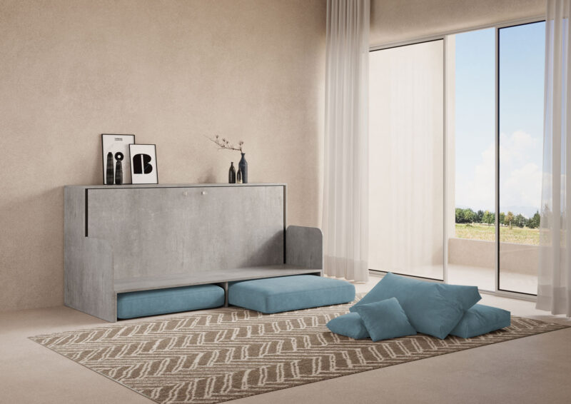 Letto singolo a scomparsa Kando con divano cemento, azzurro