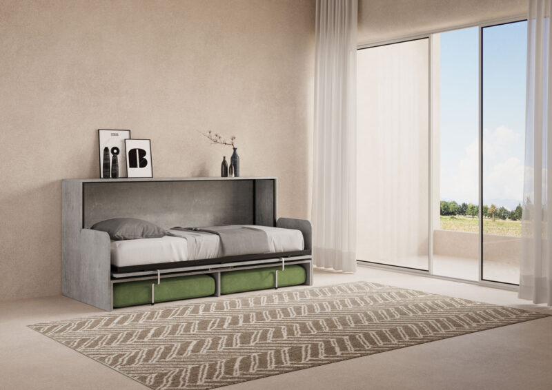 Letto singolo a scomparsa Kando con divano cemento, verde