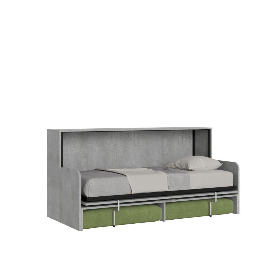 Letto singolo a scomparsa Kando con divano cemento, verde