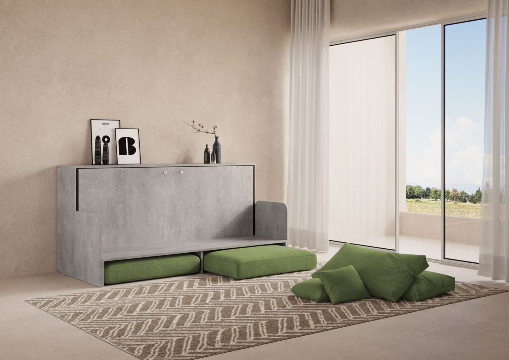 Letto singolo a scomparsa Kando con divano cemento, verde