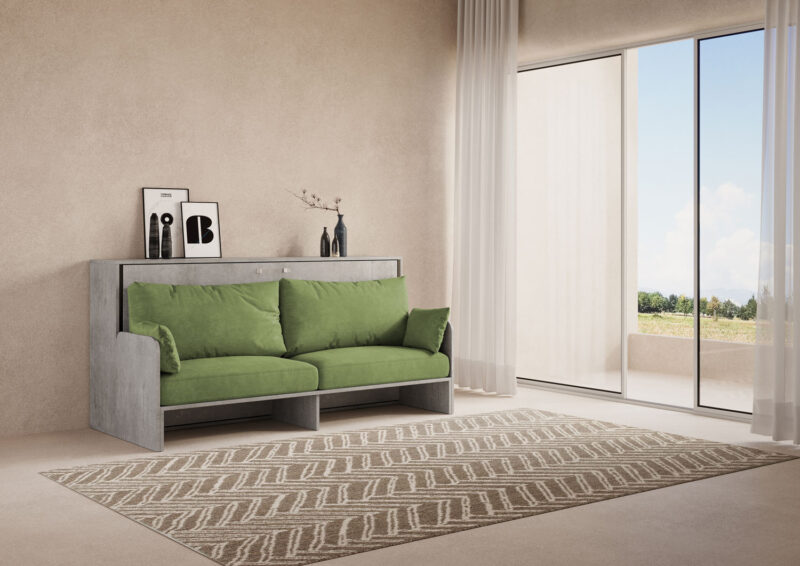 Letto singolo a scomparsa Kando con divano cemento, verde
