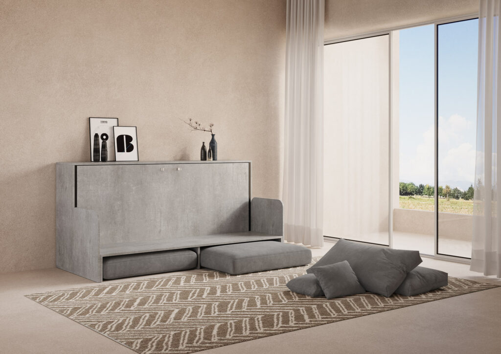 Letto singolo a scomparsa Kando con divano cemento, grigio