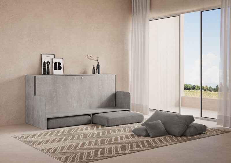 Letto singolo a scomparsa Kando con divano cemento, grigio