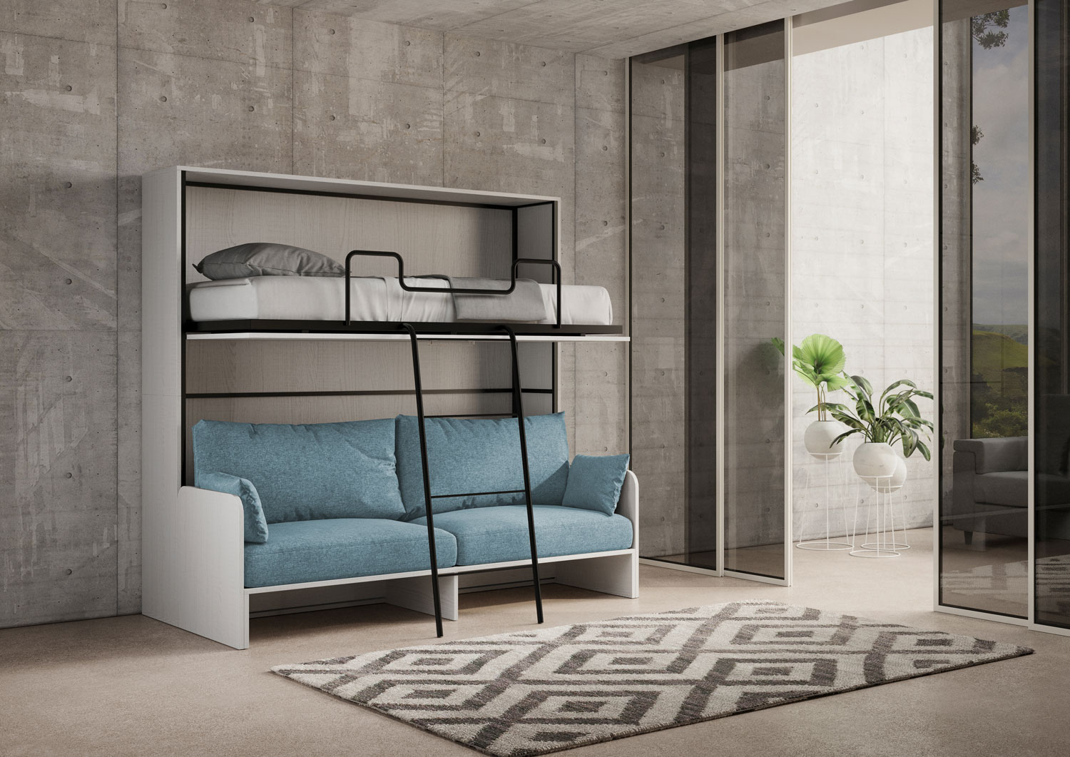Letto doppio a scomparsa Kando con divano bianco frassino, azzurro L.199,9 P.103,2 H.190,8 cm (aperto P.106 cm) 5 Letto doppio a scomparsa Kando con divano bianco frassino, azzurro
