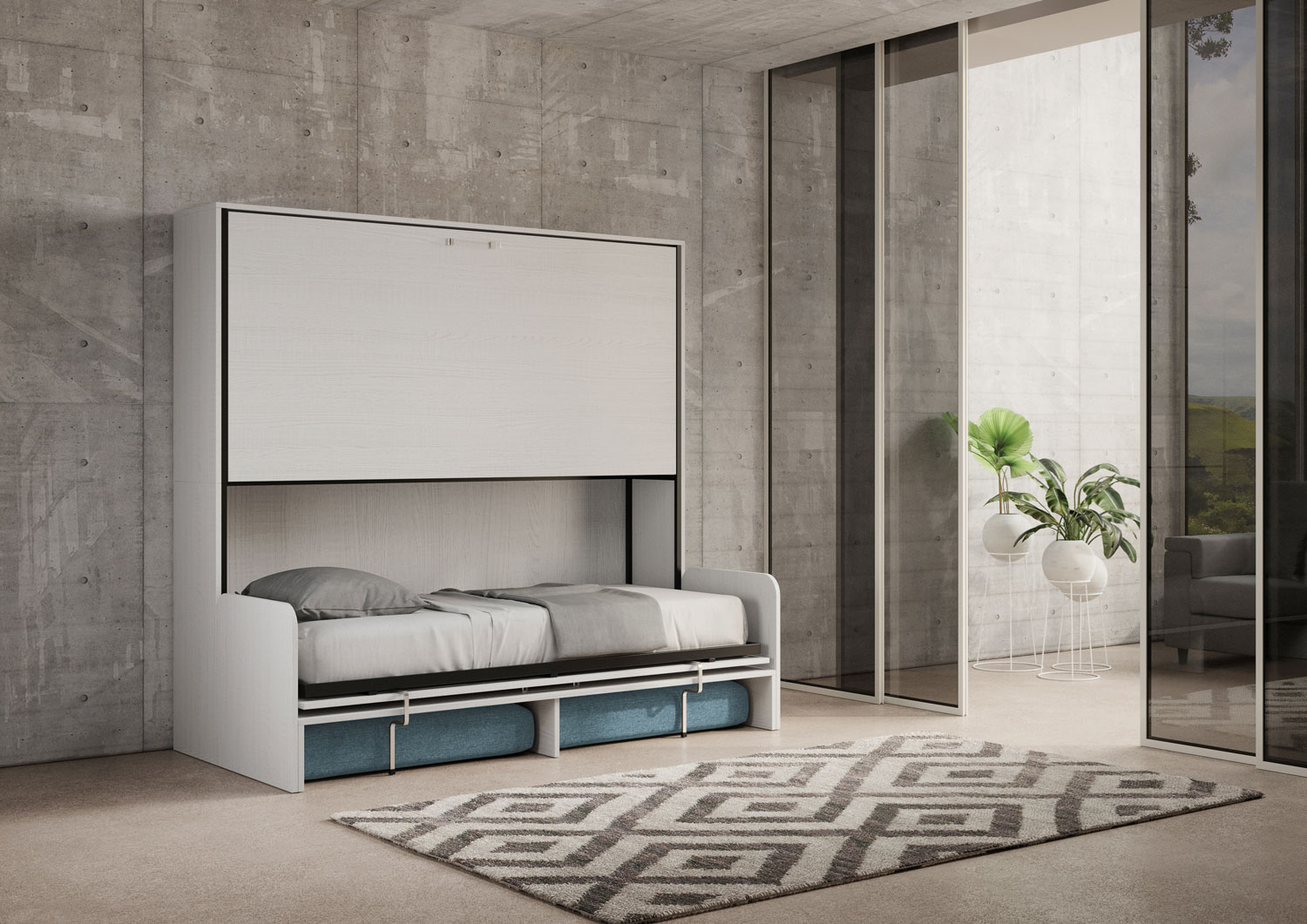 Letto doppio a scomparsa Kando con divano bianco frassino, azzurro L.199,9 P.103,2 H.190,8 cm (aperto P.106 cm) 4 Letto doppio a scomparsa Kando con divano bianco frassino, azzurro