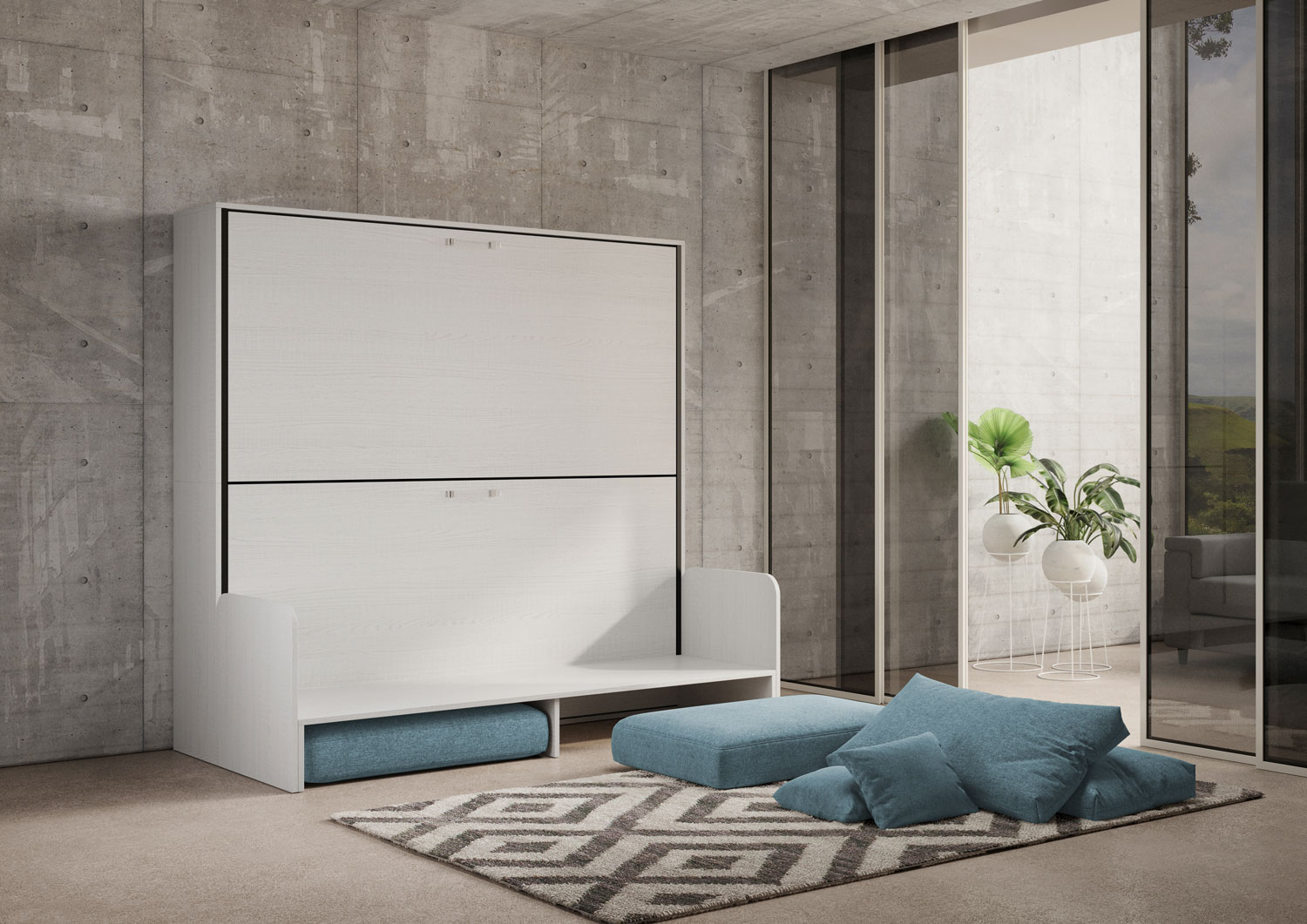 Letto doppio a scomparsa Kando con divano bianco frassino, azzurro L.199,9 P.103,2 H.190,8 cm (aperto P.106 cm) 3 Letto doppio a scomparsa Kando con divano bianco frassino, azzurro