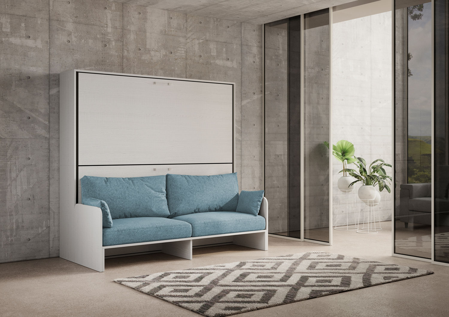 Letto doppio a scomparsa Kando con divano bianco frassino, azzurro L.199,9 P.103,2 H.190,8 cm (aperto P.106 cm) 2 Letto doppio a scomparsa Kando con divano bianco frassino, azzurro