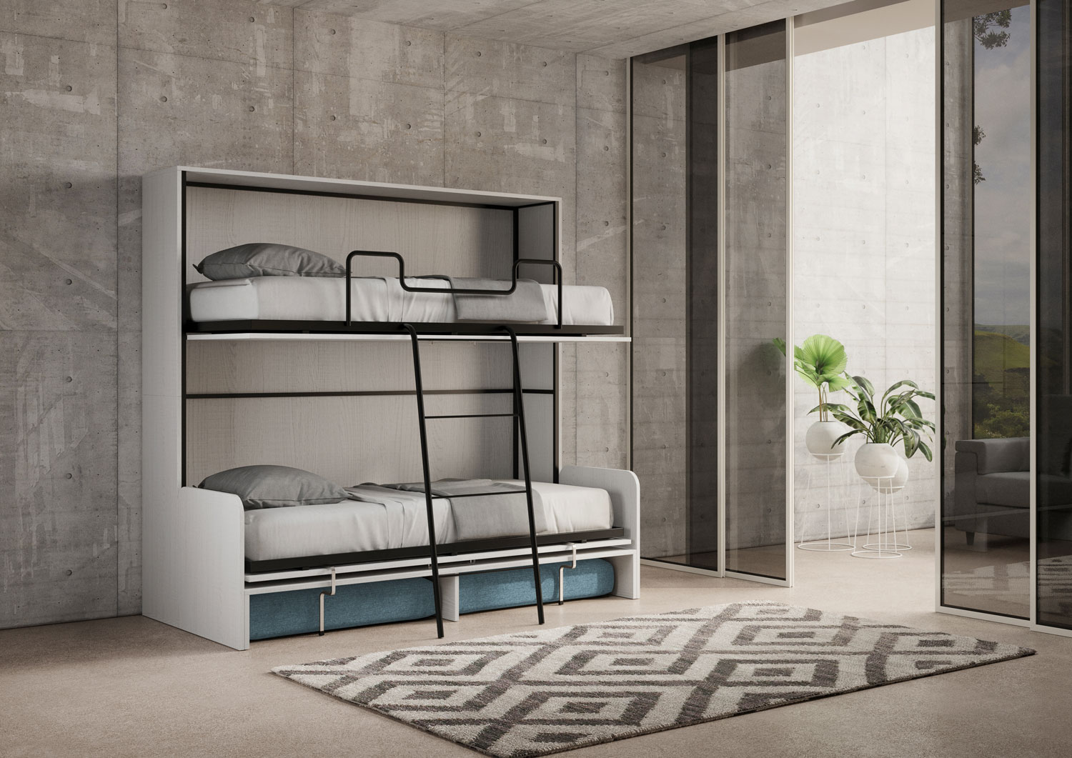 Letto doppio a scomparsa Kando con divano bianco frassino, azzurro L.199,9 P.103,2 H.190,8 cm (aperto P.106 cm) 6 Letto doppio a scomparsa Kando con divano bianco frassino, azzurro