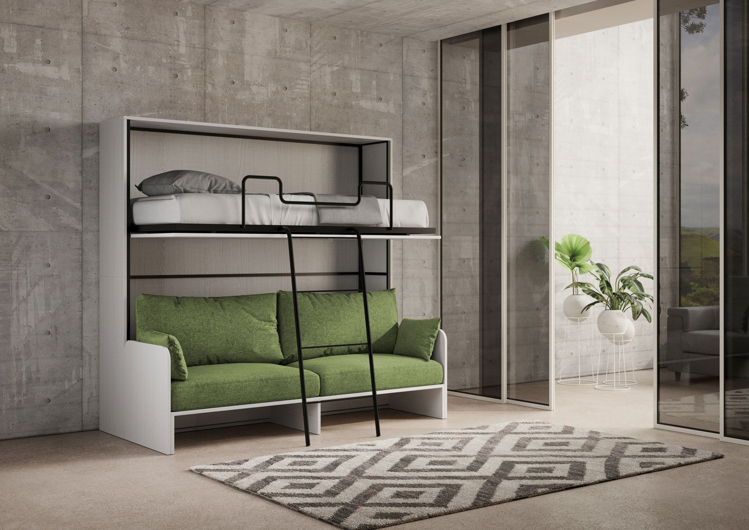 Kando con divano con materassi bianco frassino, verde L.199,9 P.103,2 H.190,8 cm (aperto P.106 cm) 5 Letto doppio a scomparsa Kando con divano bianco frassino, verde