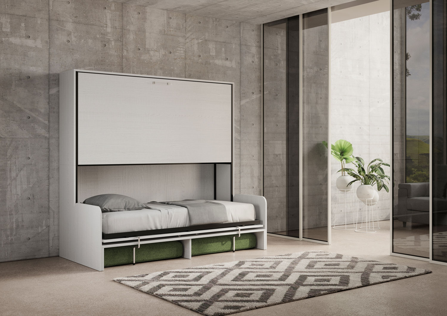 Kando con divano con materassi bianco frassino, verde L.199,9 P.103,2 H.190,8 cm (aperto P.106 cm) 4 Letto doppio a scomparsa Kando con divano bianco frassino, verde