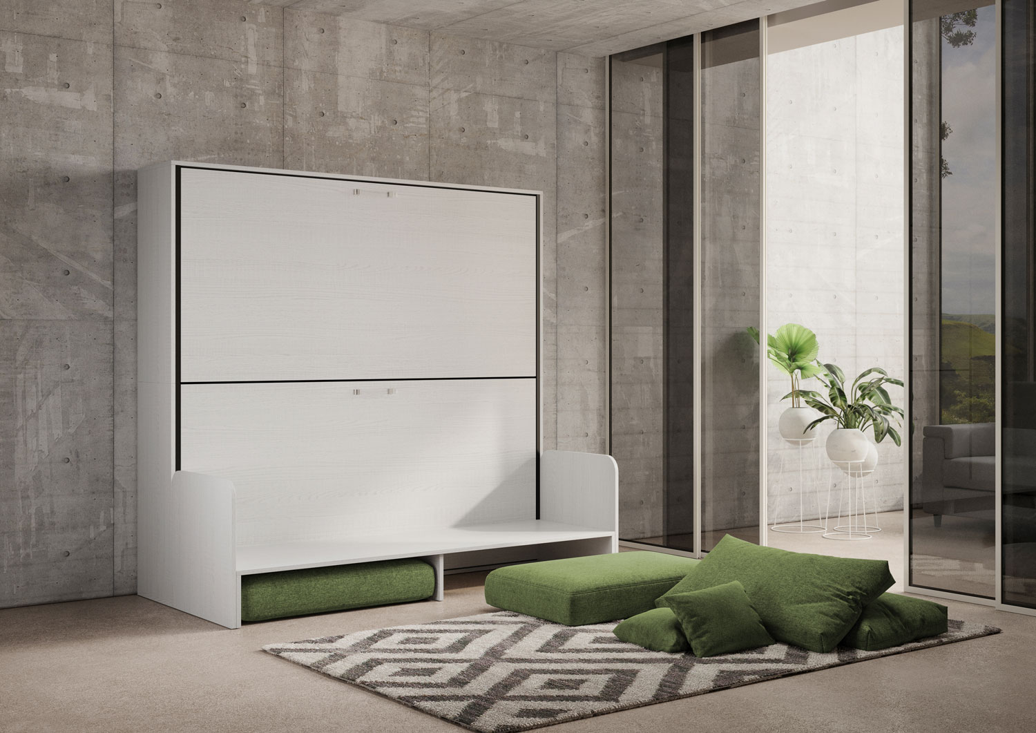 Kando con divano con materassi bianco frassino, verde L.199,9 P.103,2 H.190,8 cm (aperto P.106 cm) 3 Letto doppio a scomparsa Kando con divano bianco frassino, verde