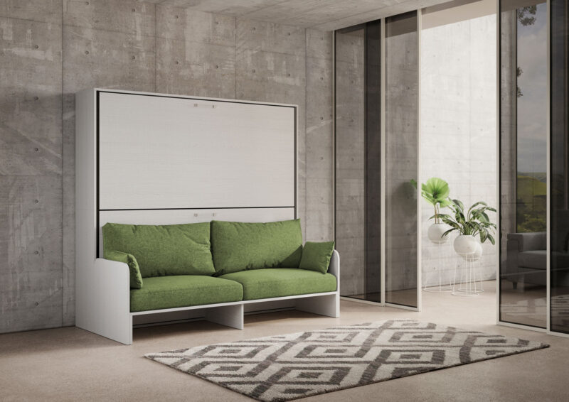 Letto doppio a scomparsa Kando con divano bianco frassino, verde