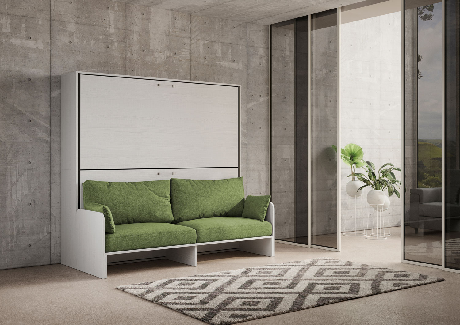 Kando con divano con materassi bianco frassino, verde L.199,9 P.103,2 H.190,8 cm (aperto P.106 cm) 2 Letto doppio a scomparsa Kando con divano bianco frassino, verde