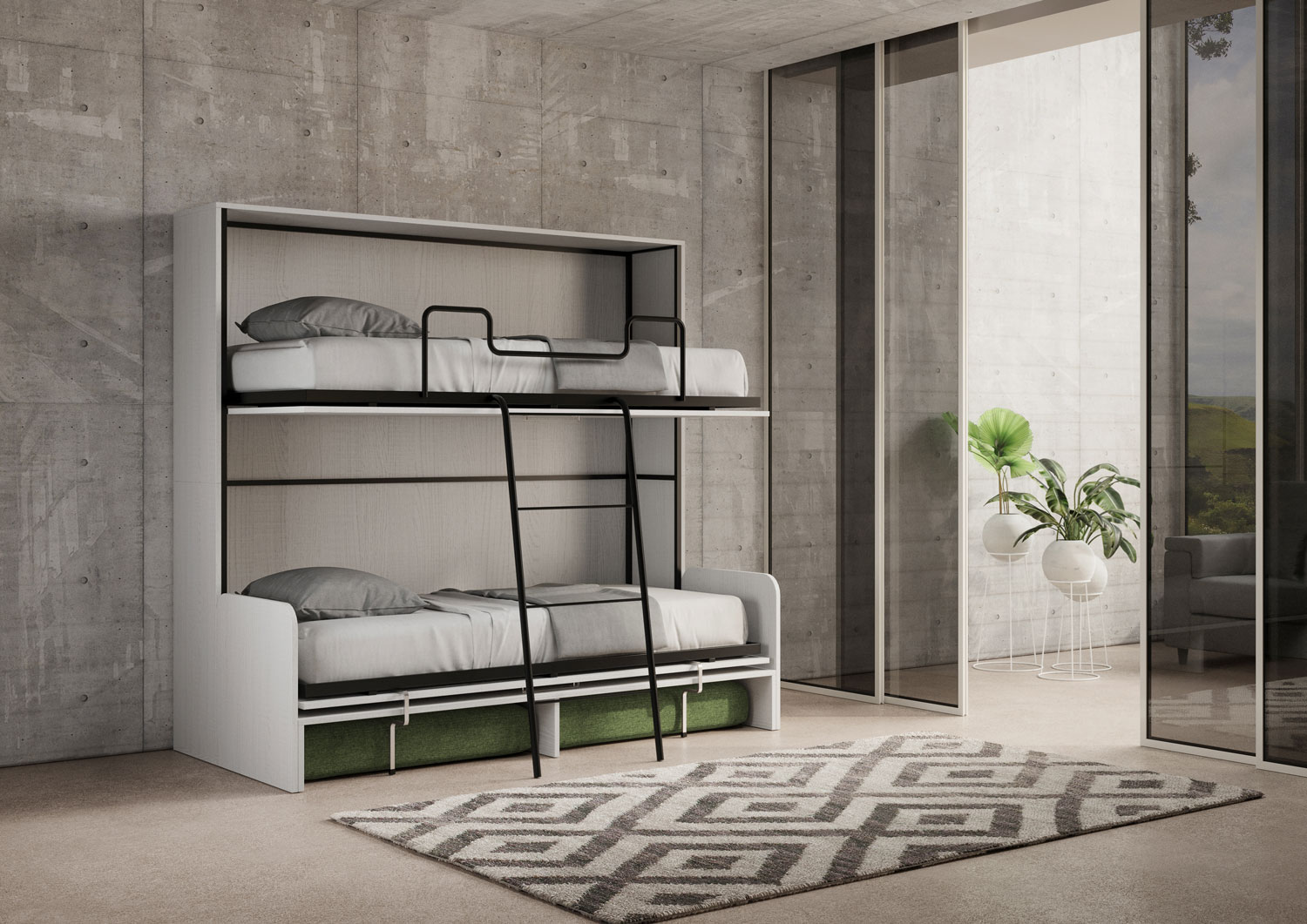 Kando con divano con materassi bianco frassino, verde L.199,9 P.103,2 H.190,8 cm (aperto P.106 cm) 6 Letto doppio a scomparsa Kando con divano bianco frassino, verde