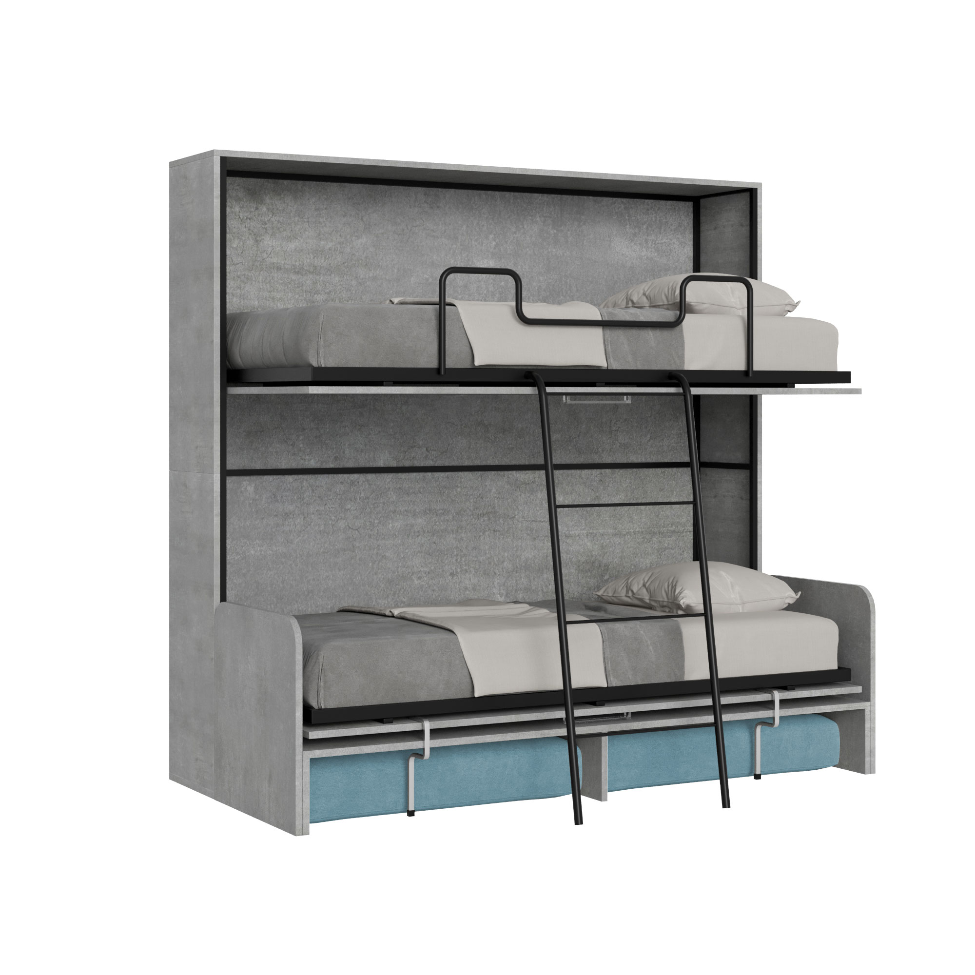 Letto doppio a scomparsa Kando con divano cemento, azzurro L.199,9 P.103,2 H.190,8 cm (aperto P.106 cm) 1 Letto doppio a scomparsa Kando con divano cemento, azzurro