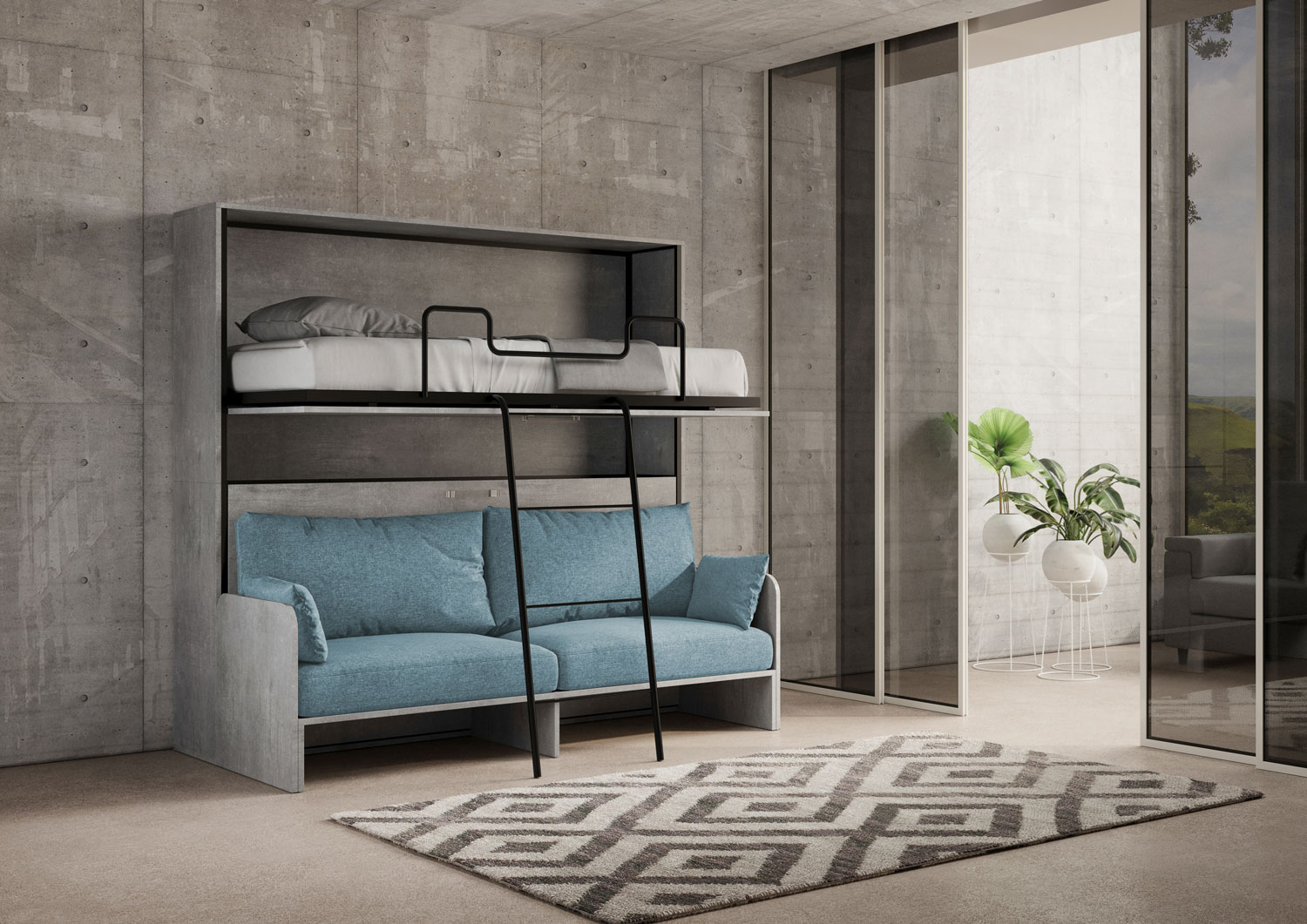 Letto doppio a scomparsa Kando con divano cemento, azzurro L.199,9 P.103,2 H.190,8 cm (aperto P.106 cm) 5 Letto doppio a scomparsa Kando con divano cemento, azzurro