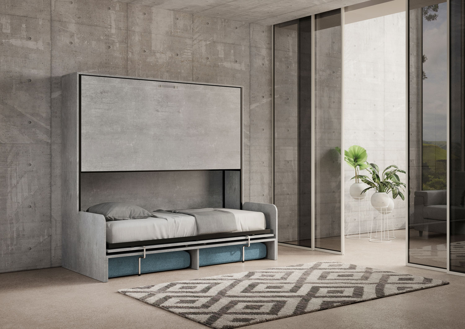 Letto doppio a scomparsa Kando con divano cemento, azzurro L.199,9 P.103,2 H.190,8 cm (aperto P.106 cm) 4 Letto doppio a scomparsa Kando con divano cemento, azzurro