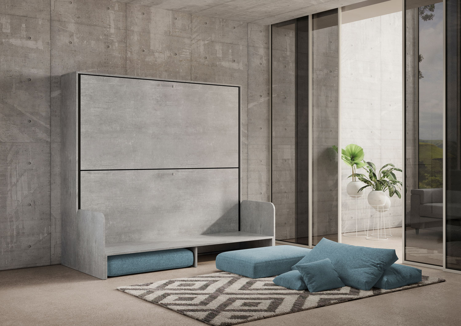 Letto doppio a scomparsa Kando con divano cemento, azzurro L.199,9 P.103,2 H.190,8 cm (aperto P.106 cm) 3 Letto doppio a scomparsa Kando con divano cemento, azzurro