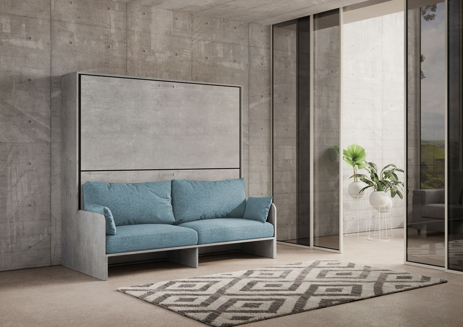 Letto doppio a scomparsa Kando con divano cemento, azzurro L.199,9 P.103,2 H.190,8 cm (aperto P.106 cm) 2 Letto doppio a scomparsa Kando con divano cemento, azzurro