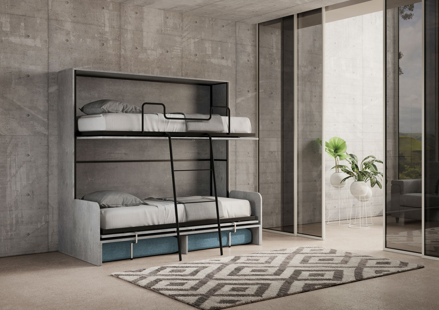 Letto doppio a scomparsa Kando con divano cemento, azzurro L.199,9 P.103,2 H.190,8 cm (aperto P.106 cm) 6 Letto doppio a scomparsa Kando con divano cemento, azzurro