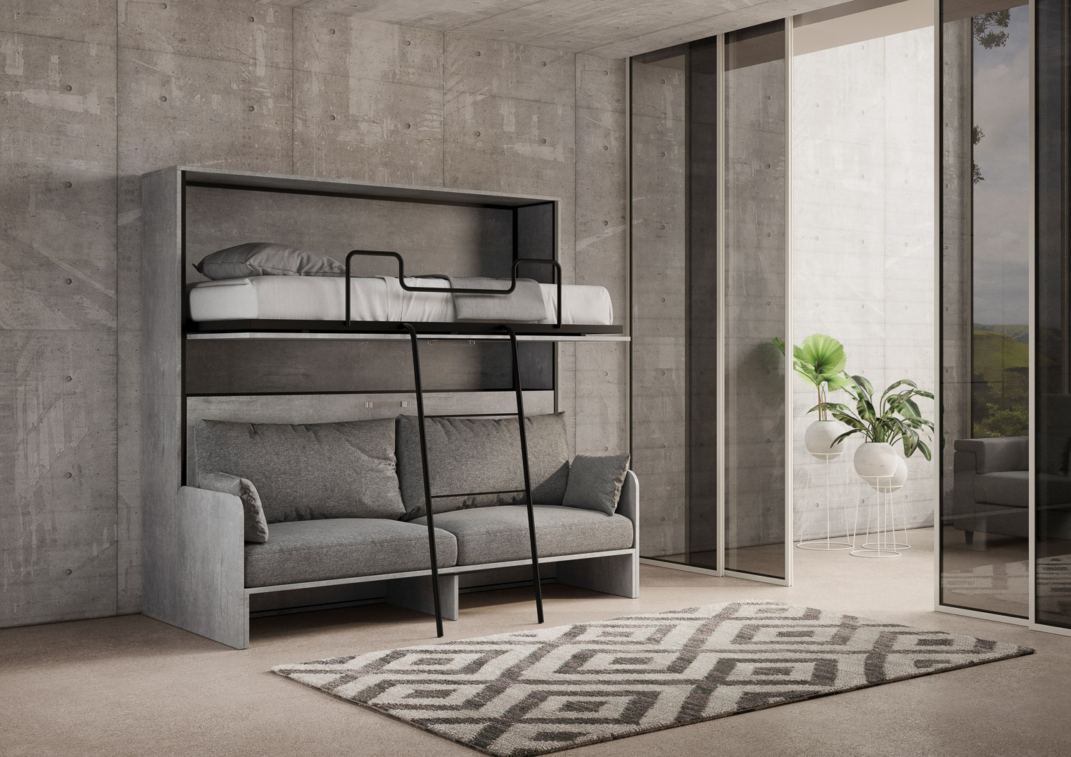 Letto doppio a scomparsa Kando con divano con materassi cemento, grigio L.199,9 P.103,2 H.190,8 cm (aperto P.106 cm) 5 Letto doppio a scomparsa Kando con divano cemento, grigio