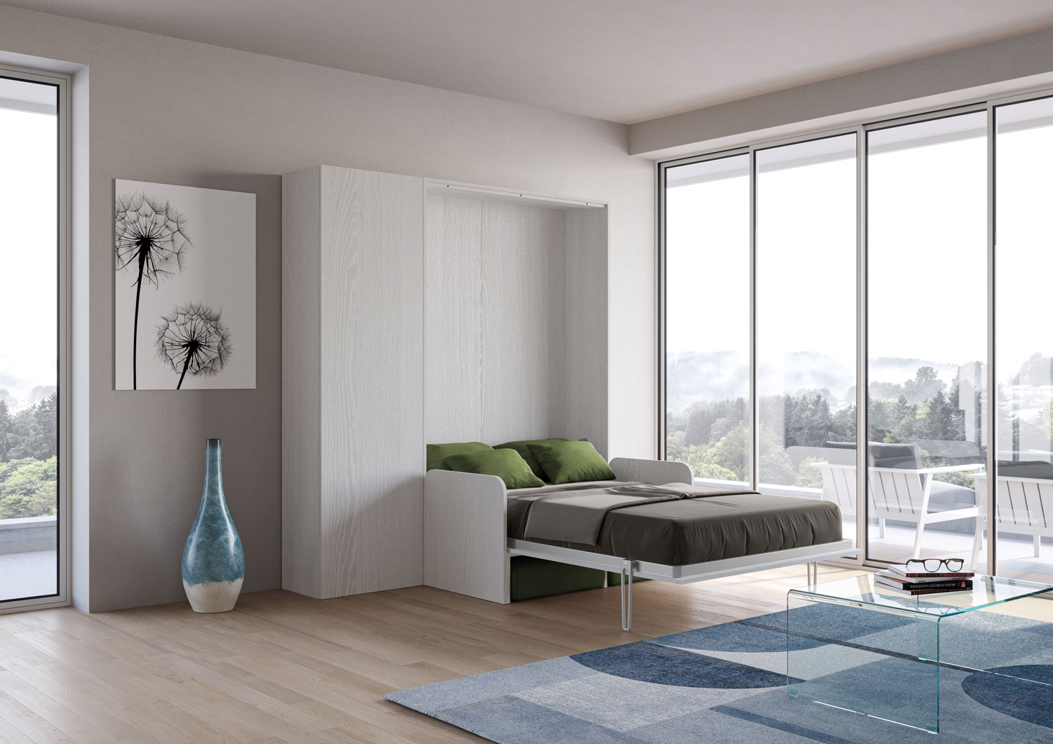 Letto matrimoniale francese a scomparsa 140 Kentaro con divano e colonna bianco frassino, verde L.213,6 P.105,2 H.210,5 cm (aperto P.215 cm) 2 Letto matrimoniale francese a scomparsa 140 Kentaro con divano e colonna bianco frassino, verde