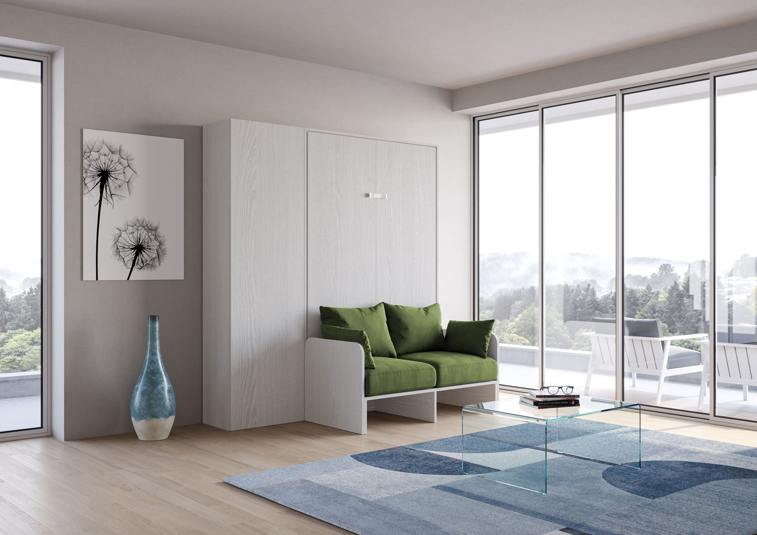 Letto matrimoniale francese a scomparsa 140 Kentaro con divano e colonna bianco frassino, verde L.213,6 P.105,2 H.210,5 cm (aperto P.215 cm) 1 Letto matrimoniale francese a scomparsa 140 Kentaro con divano e colonna bianco frassino, verde