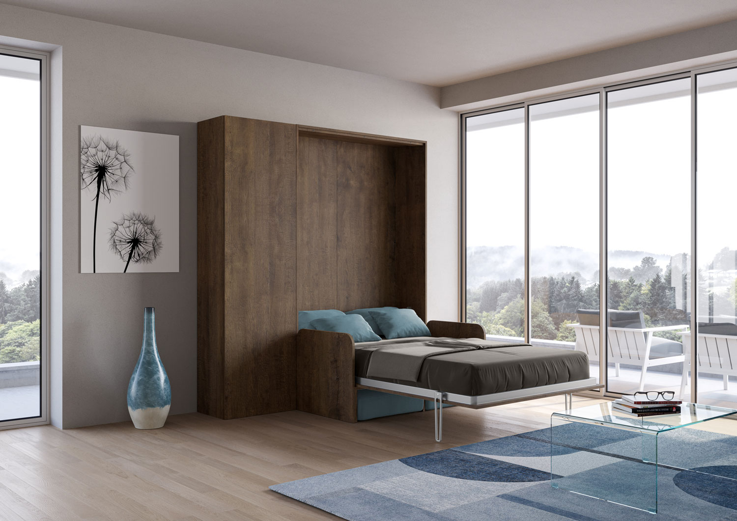 Letto matrimoniale francese a scomparsa 140 Kentaro con divano e colonna noce, azzurro L.213,6 P.105,2 H.210,5 cm (aperto P.215 cm) 2 Letto matrimoniale francese a scomparsa 140 Kentaro con divano e colonna noce, azzurro