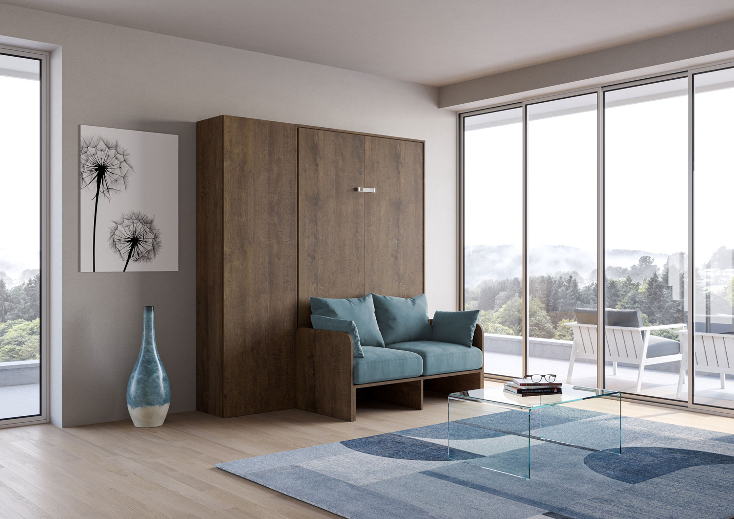 Letto matrimoniale francese a scomparsa 140 Kentaro con divano e colonna noce, azzurro L.213,6 P.105,2 H.210,5 cm (aperto P.215 cm) 1 Letto matrimoniale francese a scomparsa 140 Kentaro con divano e colonna noce, azzurro