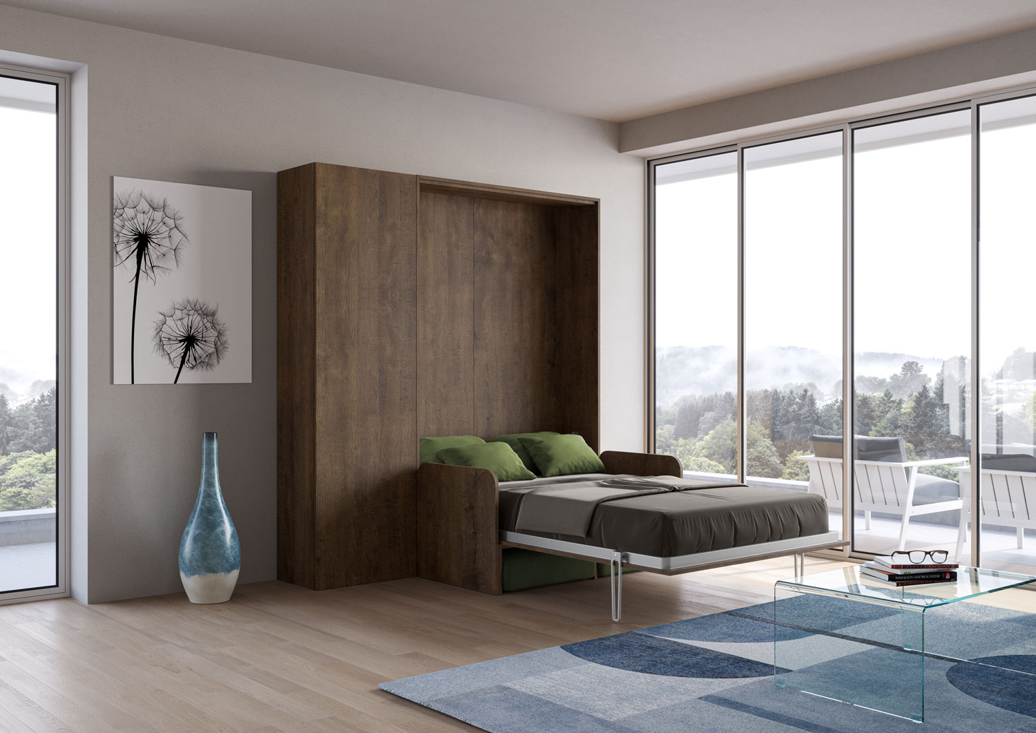 Letto matrimoniale francese a scomparsa 140 Kentaro con divano e colonna noce, verde L.213,6 P.105,2 H.210,5 cm (aperto P.215 cm) 2 Letto matrimoniale francese a scomparsa 140 Kentaro con divano e colonna noce, verde