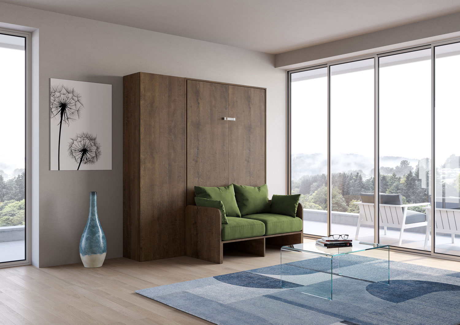 Letto matrimoniale francese a scomparsa 140 Kentaro con divano e colonna noce, verde L.213,6 P.105,2 H.210,5 cm (aperto P.215 cm) 1 Letto matrimoniale francese a scomparsa 140 Kentaro con divano e colonna noce, verde