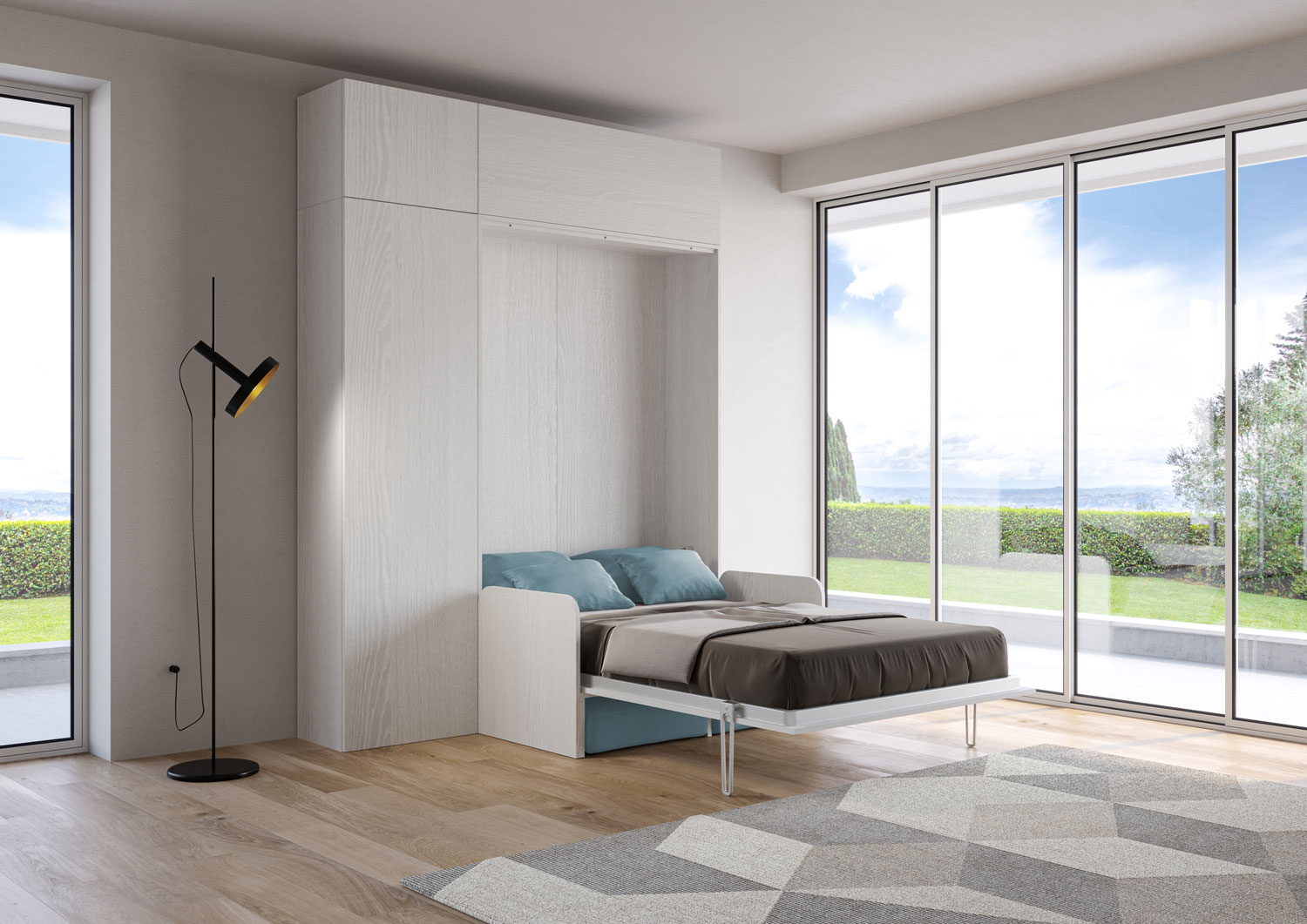 Letto matrimoniale francese a scomparsa 140 Kentaro con divano e mobili bianco frassino, azzurro L.213,6 P.105,2 H.250,5 cm (aperto P.215 cm) 2 Letto matrimoniale francese a scomparsa 140 Kentaro con divano e mobili bianco frassino, azzurro