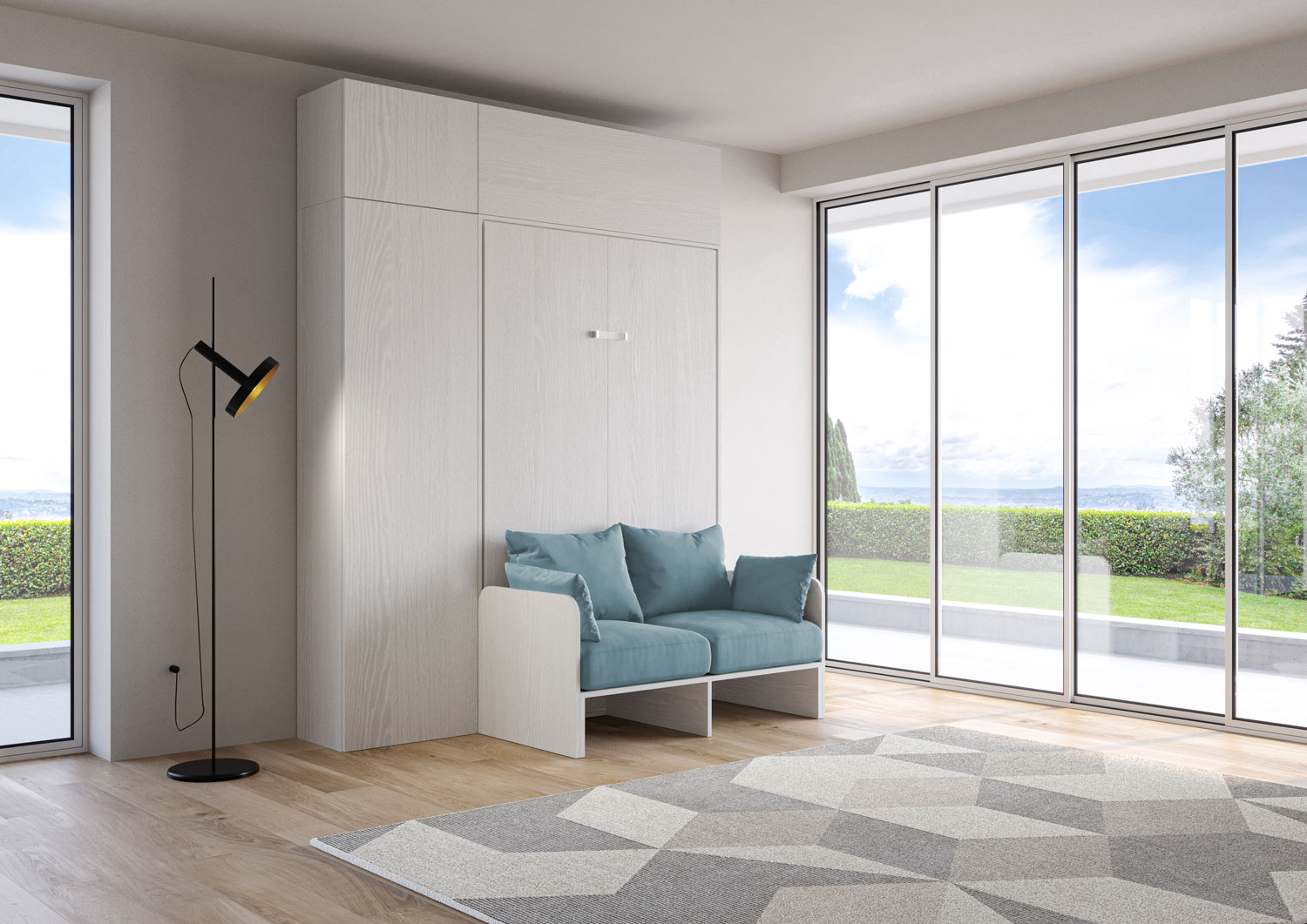 Letto matrimoniale francese a scomparsa 140 Kentaro con divano e mobili bianco frassino, azzurro L.213,6 P.105,2 H.250,5 cm (aperto P.215 cm) 1 Letto matrimoniale francese a scomparsa 140 Kentaro con divano e mobili bianco frassino, azzurro
