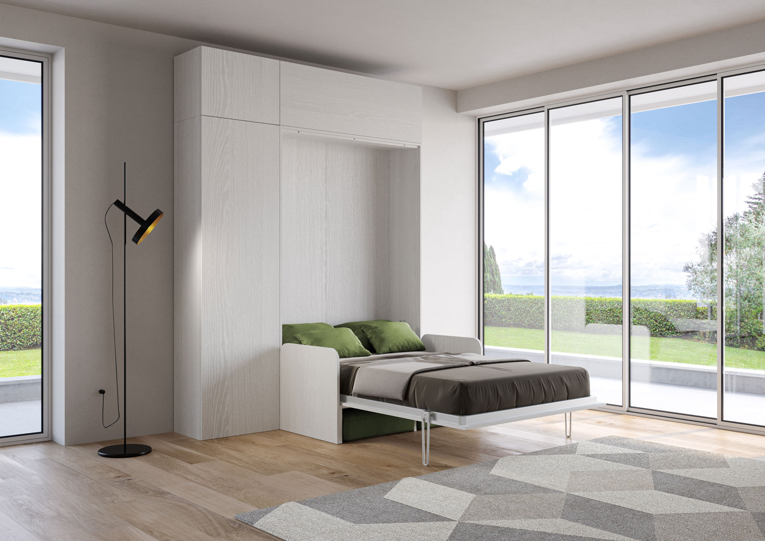 Letto matrimoniale francese a scomparsa 140 Kentaro con divano e mobili bianco frassino, verde L.213,6 P.105,2 H.250,5 cm (aperto P.215 cm) 2 Letto matrimoniale francese a scomparsa 140 Kentaro con divano e mobili bianco frassino, verde