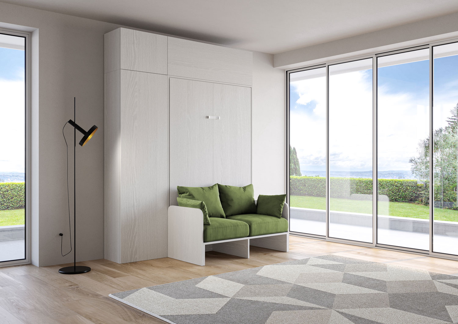 Letto matrimoniale francese a scomparsa 140 Kentaro con divano e mobili bianco frassino, verde L.213,6 P.105,2 H.250,5 cm (aperto P.215 cm) 1 Letto matrimoniale francese a scomparsa 140 Kentaro con divano e mobili bianco frassino, verde