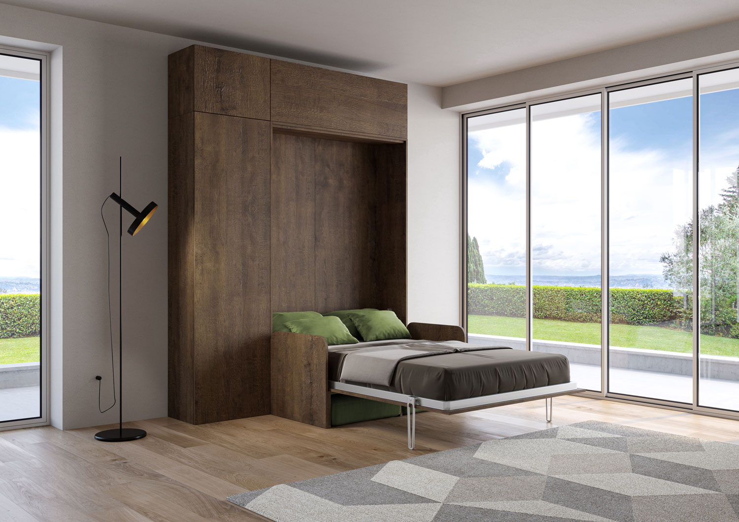 Letto matrimoniale francese a scomparsa 140 Kentaro con divano e mobili noce, verde L.213,6 P.105,2 H.250,5 cm (aperto P.215 cm) 2 Letto matrimoniale francese a scomparsa 140 Kentaro con divano e mobili noce, verde