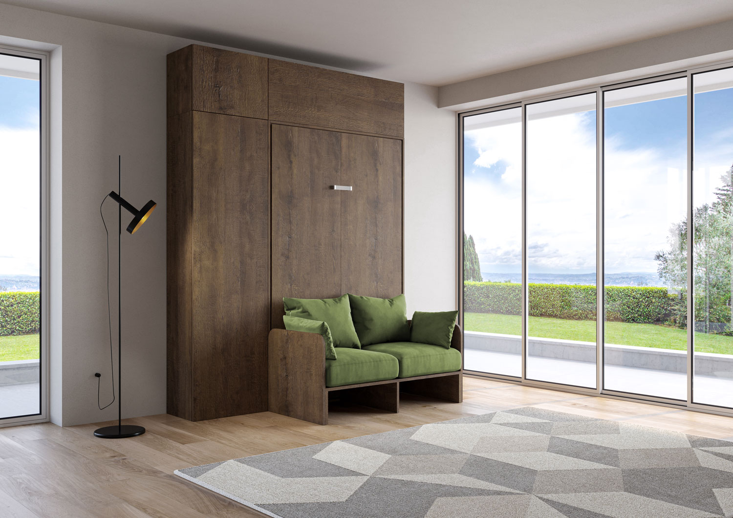 Letto matrimoniale francese a scomparsa 140 Kentaro con divano e mobili noce, verde L.213,6 P.105,2 H.250,5 cm (aperto P.215 cm) 1 Letto matrimoniale francese a scomparsa 140 Kentaro con divano e mobili noce, verde