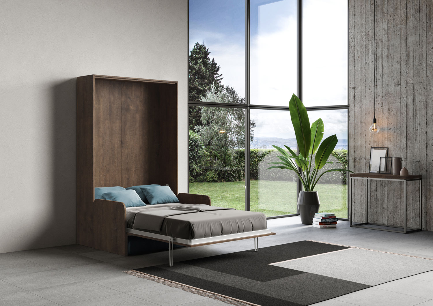 Letto matrimoniale francese a scomparsa 140 Kentaro con divano noce, azzurro L.153,6 P.105,2 H.210,5 cm (aperto P.215 cm) 4 Letto matrimoniale francese a scomparsa 140 Kentaro con divano noce, azzurro
