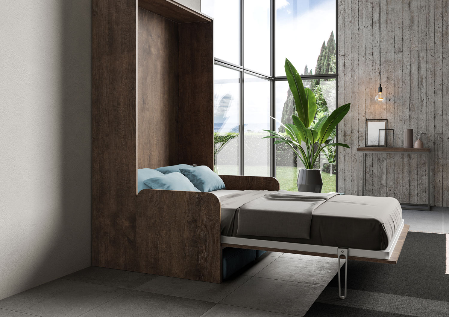 Letto matrimoniale francese a scomparsa 140 Kentaro con divano noce, azzurro L.153,6 P.105,2 H.210,5 cm (aperto P.215 cm) 5 Letto matrimoniale francese a scomparsa 140 Kentaro con divano noce, azzurro