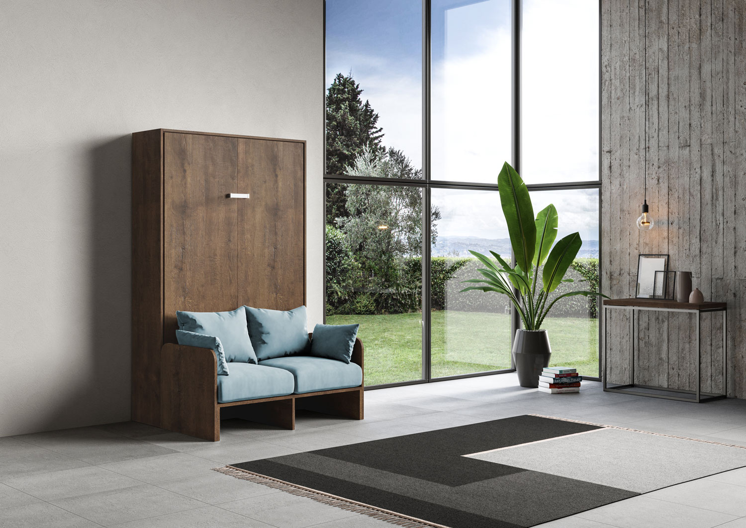 Letto matrimoniale francese a scomparsa 140 Kentaro con divano noce, azzurro L.153,6 P.105,2 H.210,5 cm (aperto P.215 cm) 1 Letto matrimoniale francese a scomparsa 140 Kentaro con divano noce, azzurro