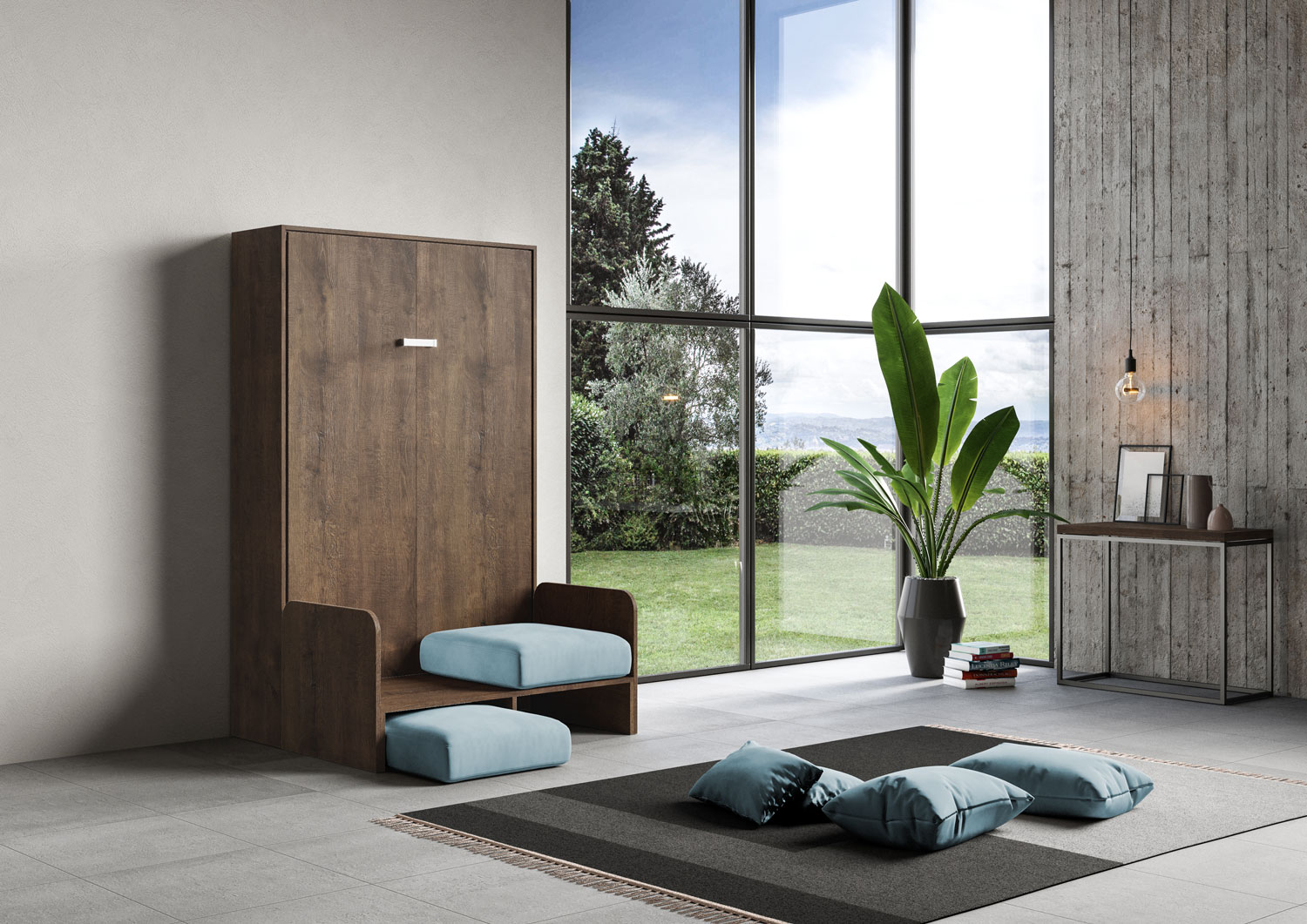 Letto matrimoniale francese a scomparsa 140 Kentaro con divano noce, azzurro L.153,6 P.105,2 H.210,5 cm (aperto P.215 cm) 2 Letto matrimoniale francese a scomparsa 140 Kentaro con divano noce, azzurro